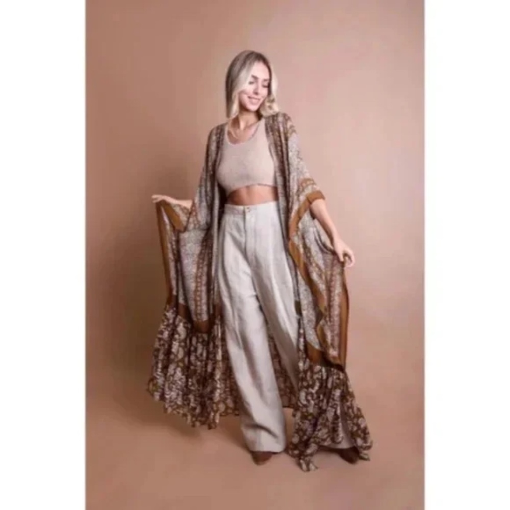 SOLD OUT Brown Paisley Tapestry Free Flow Kimono Open Duster Coverup Wrap Top - Picture 2 of 4